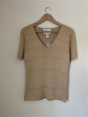 Sideffects Tan Beaded V‑Neck Knit Top